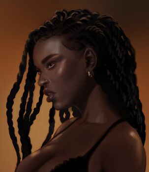 Rule 34 | 1girl, absurdres, annas anya, art study, bare shoulders, black bra, bra, breasts, close-up, collarbone, commentary, dark-skinned female, dark skin, ear piercing, earrings, english commentary, face piercing, forehead, gradient background, highres, jewelry, large breasts, lips, long hair, nose piercing, original, parted lips, piercing, simple background, single earring, underwear