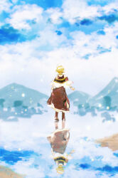 Rule 34 | 1girl, absurdres, blonde hair, brown dress, citrinne (fire emblem), dress, earrings, facing away, feather hair ornament, feathers, fire emblem, fire emblem engage, from behind, gold trim, hair ornament, highres, jewelry, leather wrist straps, mismatched earrings, mountainous horizon, nintendo, reflection, reflective water, wing hair ornament, yoi0763