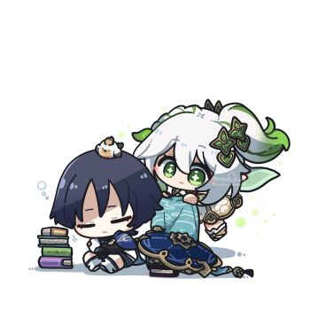 1boy 1girl animal animal_on_head anklet arikuigames1105 armor belt bird bird_on_head black_belt black_bridal_gauntlets black_hair blanket blue_cape blue_hat blue_sleeves blunt_ends book book_stack bracelet bridal_gauntlets cape chibi chibi_only closed_eyes closed_mouth cross-shaped_pupils crossed_arms deformed detached_sleeves dress finch floating furisode genshin_impact gold gold_trim green_cape green_eyes green_hair green_sleeves hair_ornament half_crown_braid hand_on_own_arm hat heart heart_hair_ornament high_side_ponytail highres holding holding_blanket japanese_armor japanese_clothes jewelry jingasa kimono kote kurokote layered_sleeves leaf leaf_hair_ornament leg_warmers levitation light_blush long_hair looking_at_another mandala multicolored_hair nahida_(genshin_impact) on_head scaramouche_(genshin_impact) short_sleeves sidelocks sitting sleeping smile socks streaked_hair symbol-shaped_pupils tareme toeless_socks twitter_username unworn_hat unworn_headwear wanderer_(genshin_impact) watermark white_dress white_hair white_kimono white_leg_warmers white_sleeves white_socks white_trim wispy_bangs