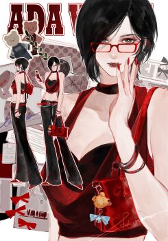 1girl absurdres ada_wong alternate_costume animal_charm bare_shoulders belt black_choker black_hair black_pants blue_bow bow bracelet breasts brown_eyes cellphone character_name charm_(object) choker cleavage closed_mouth commentary crop_top earrings flip_phone from_side full_body glasses highleg highleg_panties highres holding holding_phone hoop_earrings jewelry lips looking_at_viewer medium_breasts midriff mofa_shuimu_jiang multiple_views nail_polish panties pants phone red-framed_eyewear red_bag red_belt red_lips red_nails red_shoes resident_evil shoes short_hair signature straight-on stuffed_animal stuffed_toy symbol-only_commentary teddy_bear underwear upper_body