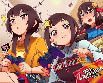 3girls artist_name bandaid bandaid_on_cheek bandaid_on_face blue_shirt bow brand_name_imitation brown_hair bug cable cat chestnut_mouth chomusuke cockroach commentary contemporary controller doritos eating english_commentary game_console hair_between_eyes hair_bow hair_over_shoulder highres holding holding_controller insect komekko kono_subarashii_sekai_ni_shukufuku_wo! lattochan looking_down low_twintails megumin multiple_girls orange_shirt patreon_username playstation_2 red_bow resident_evil resident_evil_4 shirt short_hair_with_long_locks short_sleeves siblings sisters sitting sunglasses twintails v-shaped_eyebrows white_shirt yunyun_(konosuba)