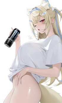 1girl absurdres animal_ears bandaid bandaid_hair_ornament blonde_hair blue_hair blue_hairband bottomless bra breasts can crossed_bangs dog_ears dog_girl dog_tail double-parted_bangs energy_drink extra_ears fake_horns from_side fuwawa_abyssgard hair_between_eyes hair_ornament hairband hairclip hand_on_own_stomach hand_up highres holding holding_can hololive hololive_english horn_hairband lace lace-trimmed_bra lace_trim large_breasts long_hair looking_at_viewer monster_energy multicolored_hair oikomia one_eye_closed open_mouth parallel_hairclips pink_eyes see-through_clothes see-through_shirt shirt simple_background solo streaked_hair t-shirt tail two_side_up underwear virtual_youtuber white_background white_shirt