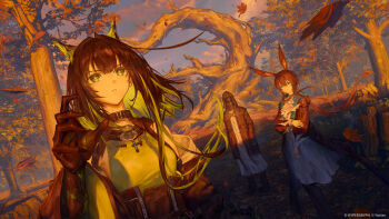 Rule 34 | 1other, 2girls, ahoge, amiya (arknights), amiya (medic) (arknights), animal ears, arknights, ascot, autumn, autumn leaves, belt, black coat, black hair, black jacket, black pantyhose, blue eyes, brown hair, coat, collar, colored extremities, commentary request, copyright notice, doctor (arknights), dress, forest, frilled ascot, frills, green dress, green eyes, green streaks, gyoukan (jfxc), highres, hood, hood up, hooded coat, huge ahoge, jacket, jewelry, leaf, long hair, mon3tr (arknights), multiple girls, multiple rings, nature, official art, pantyhose, rabbit ears, rabbit girl, ring, robe, stethoscope around neck, sunlight, tree, white ascot, white dress, white robe