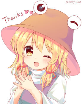1girl ;d blonde_hair brown_hat commentary_request hair_ribbon hat heart looking_at_viewer medium_hair moriya_suwako one_eye_closed open_mouth purple_vest pyonta ramudia_(lamyun) red_ribbon ribbon shirt simple_background smile solo steepled_fingers thank_you touhou tress_ribbon upper_body vest white_background white_shirt yellow_eyes