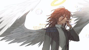 1boy angel angel_devil_(chainsaw_man) angel_wings black_necktie blowing_bubbles chainsaw_man collared_shirt commentary feathered_wings hair_between_eyes halo jacket kitsune_(ly_howe) long_hair male_focus necktie open_clothes open_jacket shirt simple_background solo suit_jacket symbol-only_commentary traditional_halo twitter_username upper_body white_background white_shirt white_wings wings