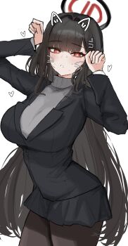 Rule 34 | 1girl, absurdres, animal ears, black hair, black jacket, black pantyhose, black skirt, blazer, blue archive, blunt bangs, breasts, cat ears, commentary, drawn ears, drawn whiskers, grey sweater, hair ornament, hairclip, halo, highres, jacket, large breasts, long hair, looking at viewer, mgp (duhm4225), open mouth, pantyhose, paw pose, pleated skirt, red eyes, rio (blue archive), simple background, skirt, solo, sweatdrop, sweater, turtleneck, turtleneck sweater, very long hair, white background