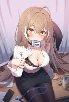 1girl ahoge alternate_costume alternate_hairstyle arm_support artist_name black_bra black_choker black_pantyhose black_skirt black_streaks blouse blush bra bra_peek breasts brown_eyes brown_hair buttons can chahanramen choker cleavage clothes_pull collarbone commentary crossed_bangs desk drink_can hair_between_eyes hair_intakes hair_ornament hairpin highres hololive hololive_english id_card lanyard long_hair long_sleeves looking_at_viewer medium_breasts miniskirt mouth_hold multicolored_hair nanashi_mumei nightmare_(nanashi_mumei) office_lady on_desk pantyhose pencil_skirt pulling_own_clothes revision shirt shirt_pull sitting skirt solo streaked_hair underwear virtual_youtuber white_shirt white_streaks