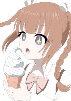Rule 34 | + +, 1girl, :o, absurdres, assault lily, blunt bangs, blush, bow, bowtie, braid, brown hair, collared shirt, commentary request, floating hair, food, hair ribbon, hand up, highres, holding, holding food, holding ice cream, holding ice cream cone, ice cream, ice cream cone, kishimoto lucia raimu, long sleeves, looking at food, ludvico private girls' academy school uniform, medium hair, open mouth, pink bow, pink bowtie, purple eyes, ribbon, school uniform, shirt, simple background, soft serve, solo, suspenders, twin braids, twintails, upper body, v-shaped eyebrows, white background, white ribbon, white shirt, yadoo