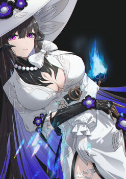1girl absurdres asymmetrical_gloves black_background black_gloves black_hair blue_fire breasts claws cleavage commentary_request demon_girl demon_horns dress fire gloves hat highres honkai:_star_rail honkai_(series) horns huge_breasts lilin_(pixiv_25958194) long_hair looking_at_viewer mismatched_gloves mole mole_under_eye parted_lips purple_eyes purple_hair solo the_dahlia_(honkai:_star_rail) very_long_hair white_dress white_gloves white_hat