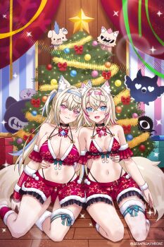 animal_ear_fluff animal_ears bikini blonde_hair blue_eyes blue_hair blue_hairband blush breasts christmas christmas_tree dog_ears dog_girl dog_tail fuwawa_abyssgard hairband highres hololive hololive_english jailbird_(nerissa_ravencroft) large_breasts long_hair mococo_abyssgard multicolored_hair novelites_(shiori_novella) open_mouth parted_lips pebble_(koseki_bijou) pink_eyes pink_hair pink_hairband pokey_(hololive) red_bikini red_shorts ruffian_(fuwamoco) seraphim_throne short_hair shorts single_thighhigh small_breasts smile spiked_hairband spikes streaked_hair swimsuit tail thighhighs two-tone_hair virtual_youtuber white_thighhighs