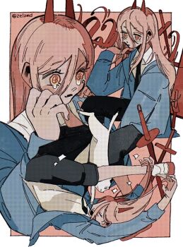 1girl black_necktie black_pants blue_jacket border cat chainsaw_man closed_eyes collared_shirt cross-shaped_pupils crossed_swords demon_girl demon_horns full_body hair_between_eyes hand_in_own_hair hands_on_own_face highres horns jacket long_hair meowy_(chainsaw_man) multiple_views necktie open_mouth pants pink_background pink_hair power_(chainsaw_man) red_horns sharp_teeth shirt shoes smile sneakers sparkle sword symbol-shaped_pupils tears teeth twintails upper_body weapon white_border white_shirt white_shoes yellow_eyes zelzmd