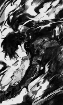 1boy absurdres arm_guards armor character_request check_character cowboy_shot fighting_stance greyscale highres holding holding_sword holding_weapon logicsterrr male_focus monochrome ponytail shadow_slave short_hair shoulder_armor solo sunny_(shadow_slave) sword weapon