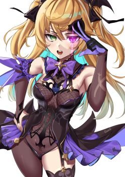 1girl absurdres aqua_hair artist_name asymmetrical_legwear bare_shoulders black_bodystocking black_bow black_bridal_gauntlets black_collar black_dress black_gloves black_pantyhose black_thighhighs blonde_hair blush bodystocking bow bowtie breasts bridal_gauntlets chuunibyou collar colored_inner_hair commentary cowboy_shot dress elbow_gloves english_commentary enma_(enmanuelart) eyelashes eyepatch eyepatch_pull fischl_(genshin_impact) fishnet_bodystocking fishnets frilled_collar frills garter_straps genshin_impact gloves glowing glowing_eye green_eyes hair_between_eyes hair_bow hand_on_own_hip heterochromia highres looking_at_viewer medium_breasts multicolored_hair open_mouth pantyhose purple_bow purple_bowtie purple_eyes purple_gloves simple_background single_elbow_glove single_garter_strap single_leg_pantyhose single_thighhigh solo sparkle teeth thighhighs tongue twintails two-tone_gloves two-tone_hair watermark white_background