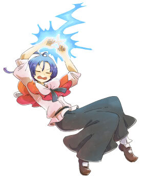 1girl antenna_hair belt black_belt black_ribbon black_skirt blue_hair brown_shoes capelet closed_eyes commentary_request crossed_fingers frilled_capelet frills full_body glowing_hands highres lightning mary_janes nagae_iku no_headwear open_mouth pink_capelet pink_shirt puffy_short_sleeves puffy_sleeves ribbon shirt shoes short_hair short_sleeves simple_background skirt socks solo touhou white_background white_socks ziro_(daydozen)