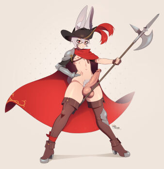 1boy animal_ears armor artist_name axe black_hat cape commentary commission english_commentary erection full_body glasses hair_between_eyes halberd hat high_heels highres holding holding_axe large_penis male_focus male_pubic_hair matemi navel nipples original patreon_username pectorals penis penis_piercing piercing polearm pubic_hair rabbit_boy rabbit_ears rabbit_tail red_cape red_hair shadow shoes short_hair simple_background smile solo standing stomach tail teeth testicles veins veiny_penis weapon white_hair