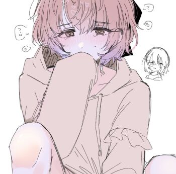 2girls ? black_ribbon blush crying frills hand_on_own_face hand_up heart hisamishiny hood hoodie idolmaster idolmaster_shiny_colors ikaruga_luca ikuta_haruki implied_sex knees_up multiple_girls ribbon short_hair simple_background sketch sleeves_past_fingers sleeves_past_wrists spoken_heart spoken_question_mark tearing_up tears white_background