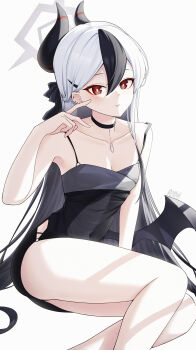 1girl absurdres armpits ass black_choker black_dress black_hair blue_archive bow breasts choker cleavage collarbone commentary_request cowboy_shot demon_girl demon_horns demon_wings dress ear_piercing evening_gown gradient_hair grey_halo hair_between_eyes hair_bow hair_ornament hair_ribbon hairclip halo head_tilt highres horns kayoko_(blue_archive) kayoko_(dress)_(blue_archive) long_hair looking_at_viewer mi_rong_abmiron mole mole_on_collarbone multicolored_hair parted_lips pendant_choker piercing red_eyes ribbon short_dress sidelocks simple_background single_wing sitting smile solo spaghetti_strap thighs two-tone_hair v white_background white_hair wings