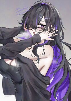 1girl absurdres bare_shoulders black-framed_eyewear black_cardigan black_hair blush breasts cardigan colored_inner_hair commentary_request dress glasses goddess_of_victory:_nikke hair_between_eyes hair_over_one_eye highres label_(nikke) large_breasts long_hair looking_at_viewer miumiumi_99 mole mole_on_breast multicolored_hair nervous_smile one_eye_covered open_mouth purple_eyes purple_hair simple_background smile solo sweat upper_body very_long_hair