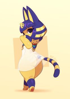 1girl animal_crossing animal_ears ankha_(animal_crossing) ass blue_hair cat_ears cat_girl cat_tail dress from_behind full_body furry furry_female highres huffslove looking_at_viewer looking_back nintendo no_panties pear-shaped_figure see-through_clothes see-through_dress solo standing tail thick_thighs thighs white_dress wide_hips yellow_background yellow_fur