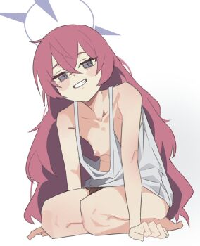 1girl arm_support bare_arms bare_legs bare_shoulders barefoot blue_archive blush_stickers breasts camisole collarbone crossed_bangs dot_nose feet full_body grey_eyes grin hair_between_eyes halo highres iroha_(blue_archive) kneeling loli long_hair looking_at_viewer naked_shirt nipple_slip nipples purple_halo red_hair seiza shirt simple_background sitting small_breasts smile solo teeth thighs toriko_(honmono) very_long_hair white_background white_camisole