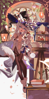 1girl absurdres ahoge animal_ear_fluff animal_ears bare_shoulders blue_eyes breasts brown_pantyhose commentary_request detached_sleeves fox_ears fox_girl fox_tail gloves grey_hair hat highres indoors long_hair looking_at_viewer navel open_mouth original pantyhose shangtianrudi_xiaobailang shoes sitting small_breasts smile solo tail very_long_hair white_shoes witch witch_hat