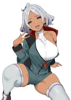 1girl ahoge asticassia_school_uniform blush breasts dark-skinned_female dark_skin green_eyes green_jacket grey_hair gundam gundam_suisei_no_majo higher_resolution_available highres jacket large_breasts leotard long_sleeves looking_at_viewer nail_polish school_uniform secelia_dote shirt shoes short_hair shorts single_bare_shoulder sky-freedom solo thick_thighs thighhighs thighs tongue tongue_out white_background white_shirt white_thighhighs