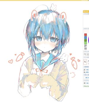 Rule 34 | 1girl, ahoge, animal ears, art program in frame, blue eyes, blue hair, blue sailor collar, blush, cardigan, carrot, closed mouth, commentary request, drawn ears, drawn tail, expressionless, heart, highres, irodori warabi, neck ribbon, open cardigan, open clothes, orange ribbon, original, paint chat (medium), rabbit, rabbit ears, rabbit tail, ribbon, sailor collar, sailor shirt, school uniform, shirt, short hair, simple background, sleeves past fingers, sleeves past wrists, solo, tail, white background, white shirt, yellow cardigan