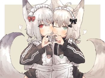 2girls animal_ears apron black_jacket commentary_request heart heart_hands heart_hands_duo highres jacket kuon_(meguru_1225) maid maid_headdress mayu_(meguru_1225) meguru_1225 multiple_girls one_eye_closed original red_eyes tail unconventional_maid