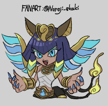 1girl ancient_egyptian animal_ears artist_name bare_shoulders blue_eyes breasts cat_ears centauroid chest_sarashi claws dark-skinned_female dark_skin fang fingernails kurekurepatra looking_at_viewer monster_girl multiple_tails navel nonoji_(nonoji_ekaki) open_mouth sarashi simple_background small_breasts solo sphinx tail taur two_tails white_background wings youkai_(youkai_watch) youkai_watch
