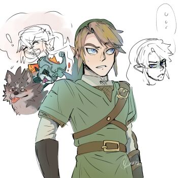 1boy 1girl bad_link blue_eyes brown_hair champion&#039;s_tunic_(zelda) fang gauntlets highres imp link midna nintendo orange_hair pointy_ears the_legend_of_zelda the_legend_of_zelda:_twilight_princess wolf wolf_link