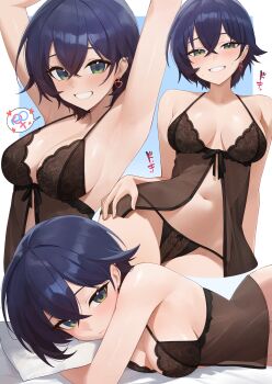 1girl absurdres armpits arms_up babydoll bare_shoulders belle_(zenless_zone_zero) black_babydoll black_panties blue_background blue_hair blush border breasts breasts_apart cleavage closed_mouth commentary_request crossed_bangs earrings green_eyes grin hair_between_eyes hand_on_own_hip heart heart_earrings highres interlocked_mars_and_venus_symbols jewelry lingerie looking_at_viewer lying mars_symbol medium_breasts multiple_views navel on_stomach panties pillow short_hair single_earring smile spoken_symbol stomach underwear venus_symbol weimiaw white_border zenless_zone_zero