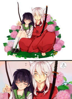 Rule 34 | 1boy, 1girl, animal ears, barefoot, bead necklace, beads, black hair, black shoes, bow (weapon), cakeicake, closed mouth, commentary request, crossed arms, dog boy, dog ears, fang, fingernails, flower, flying sweatdrops, green sailor collar, hair between eyes, hakama, hand up, highres, higurashi kagome, inuyasha, inuyasha (character), japanese clothes, jewelry, katana, kneehighs, knees up, leaf, leaning on person, light blush, loafers, long hair, long sleeves, looking at another, multiple views, neckerchief, necklace, open mouth, orange flower, pink flower, red hakama, red neckerchief, sailor collar, school uniform, serafuku, sharp fingernails, shirt, shoes, sitting, smile, socks, speech bubble, sword, weapon, white hair, white nails, white shirt, white socks, yellow eyes