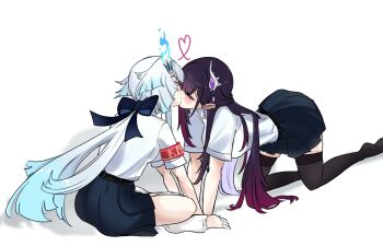 2girls alternate_costume armband black_bow black_skirt black_thighhighs blue_hair bow cerydra_(honkai:_star_rail) choikfu closed_eyes commentary earrings gradient_hair hair_bow heart highres honkai:_star_rail honkai_(series) hysilens_(honkai:_star_rail) jewelry kiss kneeling long_hair multicolored_hair multiple_girls pleated_skirt purple_eyes purple_hair red_armband school_uniform shirt simple_background sitting skirt socks symbol-only_commentary thighhighs white_background white_hair white_shirt white_socks yuri