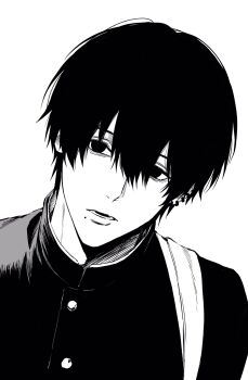 Rule 34 | 1boy, bag, buttons, chainsaw man, ear piercing, gakuran, greyscale, highres, looking at viewer, male focus, mole, mole under mouth, monochrome, multiple piercings, open mouth, piercing, school bag, school uniform, short hair, shoulder bag, simple background, solo, sso s, white background, yoshida hirofumi