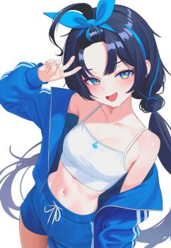1girl bangs_pinned_back bilingual_commentary black_hair blue_bow blue_eyes blue_jacket blue_shorts blush bow breasts camisole commentary cowboy_shot crop_top drawstring english_commentary forehead hair_bow hand_up highres jacket korean_commentary long_hair long_sleeves looking_at_viewer low_twintails medium_breasts midriff mixed-language_commentary multicolored_eyes navel off_shoulder open_clothes open_jacket open_mouth original short_shorts shorts simple_background smile solo spaghetti_strap standing twintails two-tone_eyes v very_long_hair white_background white_camisole yeoun