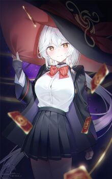 1girl artist_name black_hat black_jacket black_skirt blue_archive blush bow bowtie braid breasts card cheuni closed_mouth collared_shirt commentary crossed_bangs diagonal-striped_bow diagonal-striped_bowtie diagonal-striped_clothes eri_(blue_archive) floating_card gold_trim hair_between_eyes halo hand_on_headwear hand_up hat hat_ribbon highres jacket jewelry large_breasts light_particles long_sleeves looking_at_viewer multicolored_hair open_clothes open_jacket pleated_skirt purple_background red_bow red_bowtie red_ribbon red_streaks red_trim ribbon ring shirt shirt_tucked_in side_halo signature single_braid skirt sleeves_past_wrists smile solo standing streaked_hair striped_bow striped_bowtie striped_clothes thighs two-sided_fabric two-sided_headwear white_hair white_shirt witch witch_hat yellow_eyes yellow_halo