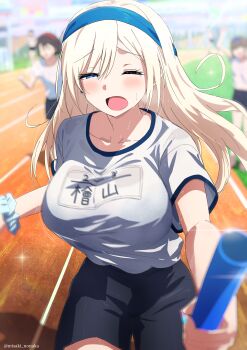 1girl absurdres black_shorts blonde_hair blue_eyes blue_hairband blurry blurry_background breasts copyright_notice gym_uniform hairband highres holding_baton large_breasts long_hair misaki_nonaka mole mole_on_neck motion_lines one_eye_closed open_mouth original running running_track scrunchie shirt shorts sweat white_shirt wrist_scrunchie