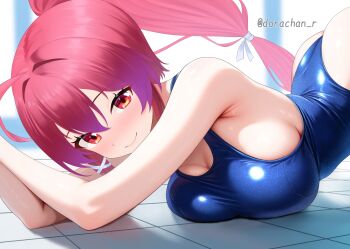 1girl alternate_costume armpits ass blue_one-piece_swimsuit blush breast_press breasts commentary_request competition_school_swimsuit competition_swimsuit day dorachan_r hair_ornament hair_ribbon highres i-168_(kancolle) indoors kantai_collection large_breasts long_hair looking_at_viewer one-piece_swimsuit ponytail pool red_eyes red_hair ribbon school_swimsuit smile solo swimsuit twitter_username water