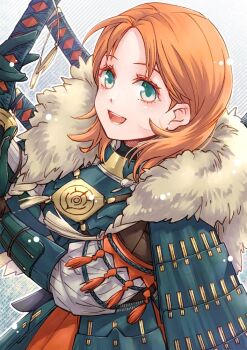 1girl :d annette_fantine_dominic annette_fantine_dominic_(timeskip) armor commentary_request ebi_puri_(ebi-ebi) fire_emblem fire_emblem:_three_houses green_eyes holding holding_sword holding_weapon japanese_armor kusazuri medium_hair mortal_savant_(fire_emblem:_three_houses) nintendo open_mouth orange_hair shoulder_armor smile sode solo sword tassel weapon