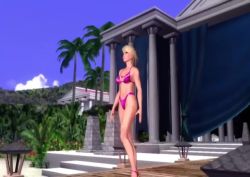 1girl 3d animated artist_request ass beach bikini blonde_hair breasts cleavage crowd green_eyes hinomoto_reiko konami medium_breasts modeling navel outdoors purple_bikini rowdy_reiko rumble_roses rumble_roses_xx scar sound swimsuit tagme tattoo video wrestling_ring