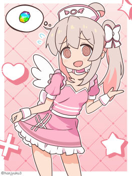 Rule 34 | 1girl, :d, @ @, absurdres, ahoge, bare arms, bare legs, breasts, brown eyes, commentary, cowboy shot, detached collar, flying sweatdrops, frilled skirt, frills, gacha (game mechanic), gem, grey hair, hanjyuku3, hat, heart, highres, jacket, long hair, looking at viewer, nurse cap, official alternate costume, onii-chan wa oshimai!, open clothes, open jacket, open mouth, oyama mahiro, pink background, pink hair, pink shirt, pink skirt, puffy short sleeves, puffy sleeves, rainbow gemstone, shirt, short sleeves, side ponytail, simple background, skirt, small breasts, smile, solo, sparkle, speech bubble, star (symbol), thighhighs, thought bubble, twitter username, wrist cuffs