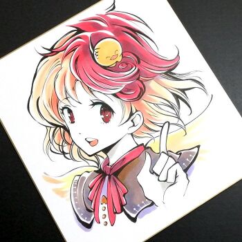 1girl :d animal animal_on_head baby_animal bird blonde_hair chick commentary_request index_finger_raised multicolored_hair niwatari_kutaka on_head open_mouth portrait red_eyes red_hair shikishi short_hair smile solo touhou traditional_media tsubameyado two-tone_hair wings yellow_wings