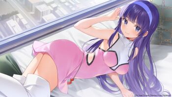 1girl bare_shoulders blue_eyes blue_hair blush breasts closed_mouth copyright_name covered_collarbone dress grendizer_u hairband lips long_hair looking_at_viewer lying mazinger_(series) medium_breasts on_side short_dress sleeveless sleeveless_dress smile solo ufo_robo_grendizer yumi_sayaka yuuki_hagure