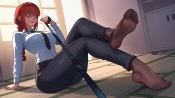Rule 34 | 1girl, braid, chainsaw man, feet, highres, hornyunion, leash, long hair, looking at viewer, makima (chainsaw man), necktie, pov, red hair, see-through clothes, see-through legwear, shaded face, single braid, smile, soles, tatami, toes, yellow eyes