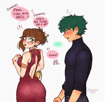 1boy 1girl artist_name asunyanjpg bag bare_back bare_shoulders black_shirt blush boku_no_hero_academia brown_eyes brown_hair china_dress chinese_clothes commentary couple dress ear_piercing english_commentary english_text green_eyes green_hair hair_ornament hair_stick hetero highres holding holding_bag loading_icon looking_at_another looking_back midoriya_izuku open_mouth pants piercing red_dress shirt short_hair simple_background speech_bubble uraraka_ochako white_background