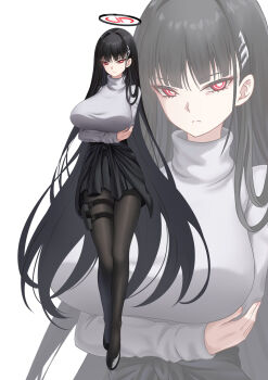 1girl black_hair black_halo black_pantyhose blue_archive breasts bright_pupils commentary_request hair_behind_ear hair_ornament hairclip halo highres huge_breasts long_hair millennium_science_school_logo pantyhose red_eyes rio_(blue_archive) skirt solo suigetu26 sweater thighs turtleneck turtleneck_sweater very_long_hair white_background white_pupils white_sweater zoom_layer