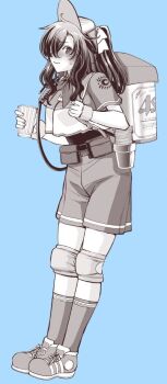 1boy beer_keg blush breast_padding bulge commentary_request cup fate/grand_order fate_(series) fujimaru_ritsuka_(male) fujimaru_ritsuka_(male)_(shinjuku) full_body greyscale_with_colored_background hair_over_one_eye holding holding_cup knee_pads male_focus nervous_smile sasaki_shounen shoes shorts smile sneakers solo sweatdrop trap two_side_up visor_cap wristband