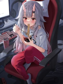 1girl blush chair chopsticks commentary computer computer_keyboard instant_cup_noodles double-parted_bangs eating feet_on_chair food full_body gabuchi grey_hair hair_over_shoulder headphones headphones_removed highres holding holding_chopsticks holding_food hololive horns instant_cup_noodles instant_noodles long_hair looking_at_viewer monitor monster_energy nakiri_ayame nintendo_switch noodles on_chair oni pants pillow red_eyes red_pants red_streaks shirt short_sleeves sidelighting sidelocks sitting skin-covered_horns socks sweat sweatdrop symbol-only_commentary virtual_youtuber white_shirt white_socks