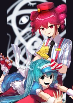 2girls absurdres alternate_costume alternate_eye_color ankle_socks apron aquact back_bow black_background black_necktie blue_dress blue_hat bow collared_shirt crazy crazy_eyes crazy_smile diagonal-striped_bow dress drill_hair feet_out_of_frame flat_chest gloves hair_between_eyes hat hat_bow hatsune_miku help_(american_sign_language) highres kasane_teto kneeling legs_up looking_at_viewer lying lying_on_person mesmerizer_(vocaloid) multiple_girls necktie on_stomach open_mouth outstretched_arm pants pinstripe_dress pinstripe_hat pinstripe_pattern red_bow red_eyes red_hat red_pants sharp_teeth shirt skates sleeves_rolled_up smile smiley_hat_ornament socks solid_circle_eyes striped_bow striped_clothes striped_shirt suspenders sweatdrop teeth tongue tongue_out twin_drills twintails utau visor_cap vocaloid waist_apron white_apron white_bow white_socks white_wrist_cuffs wing_collar wrist_cuffs yellow_gloves