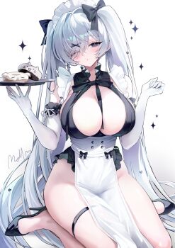 1girl alternate_costume between_breasts black_bow black_shoes blue_eyes bow breasts cinderella_(nikke) cleavage commentary_request donut elbow_gloves food gloves goddess_of_victory:_nikke grey_hair hair_bow hands_up high_heels highres holding holding_plate large_breasts long_hair looking_at_viewer maid maid_headdress mell_(dmwe3537) one_eye_closed parted_lips pelvic_curtain plate shoes simple_background sitting solo twintails unconventional_maid very_long_hair wariza white_background